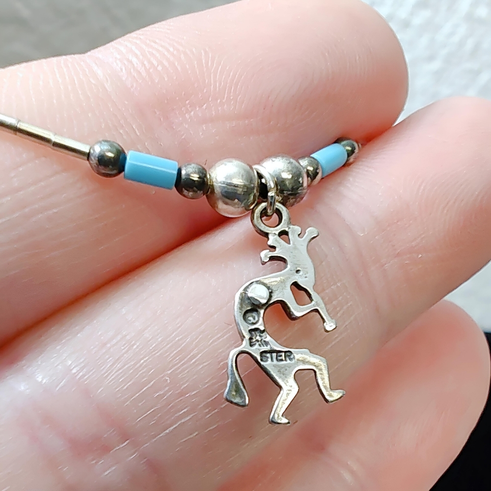 Sun West Silver Sterling Liquid, Turquoise, Ball bead Kokopelli Necklace 16" - Picture 5 of 9